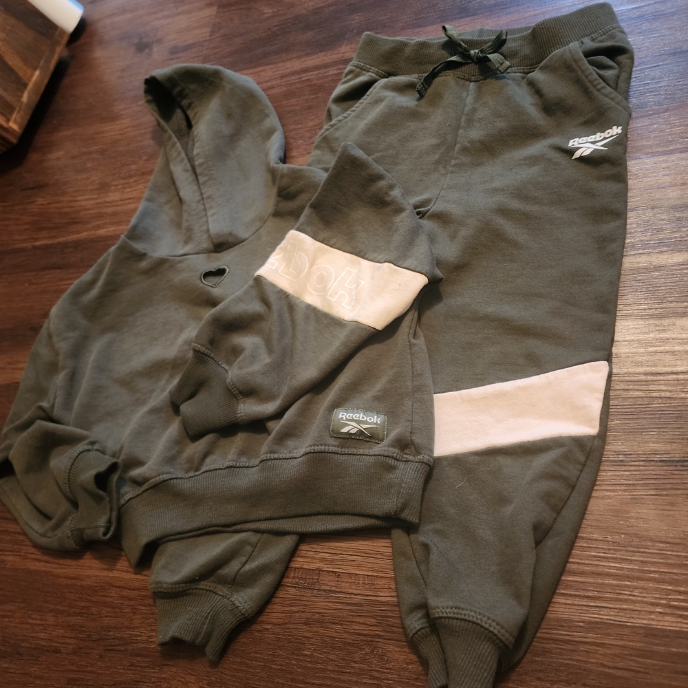 Reebok Olive Green Kids Hoodie & Joggers Set with Cream Panels